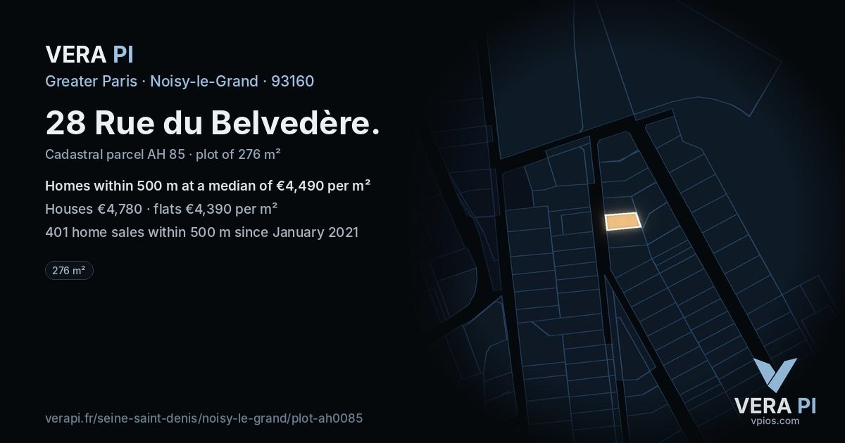 28 Rue du Belvedère, Noisy-le-Grand at night – the plot lit, the parcels around coloured by the prices near them