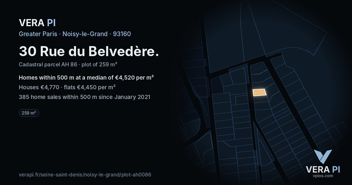 30 Rue du Belvedère, Noisy-le-Grand at night – the plot lit, the parcels around coloured by the prices near them