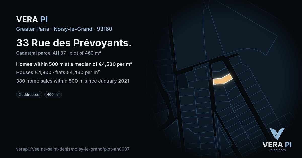 33 Rue des Prévoyants, Noisy-le-Grand at night – the plot lit, the parcels around coloured by the prices near them