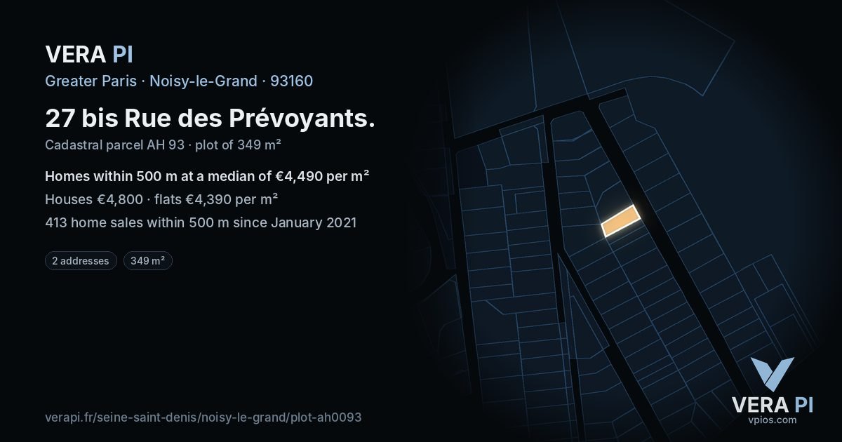 27 bis Rue des Prévoyants, Noisy-le-Grand at night – the plot lit, the parcels around coloured by the prices near them