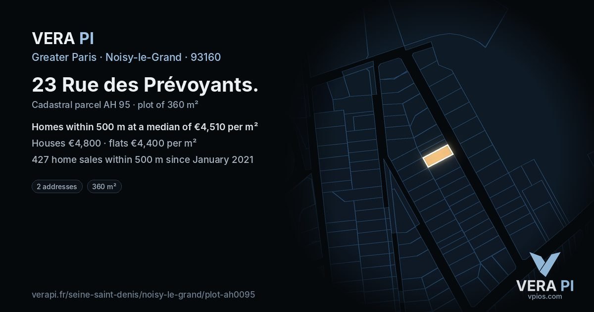 23 Rue des Prévoyants, Noisy-le-Grand at night – the plot lit, the parcels around coloured by the prices near them