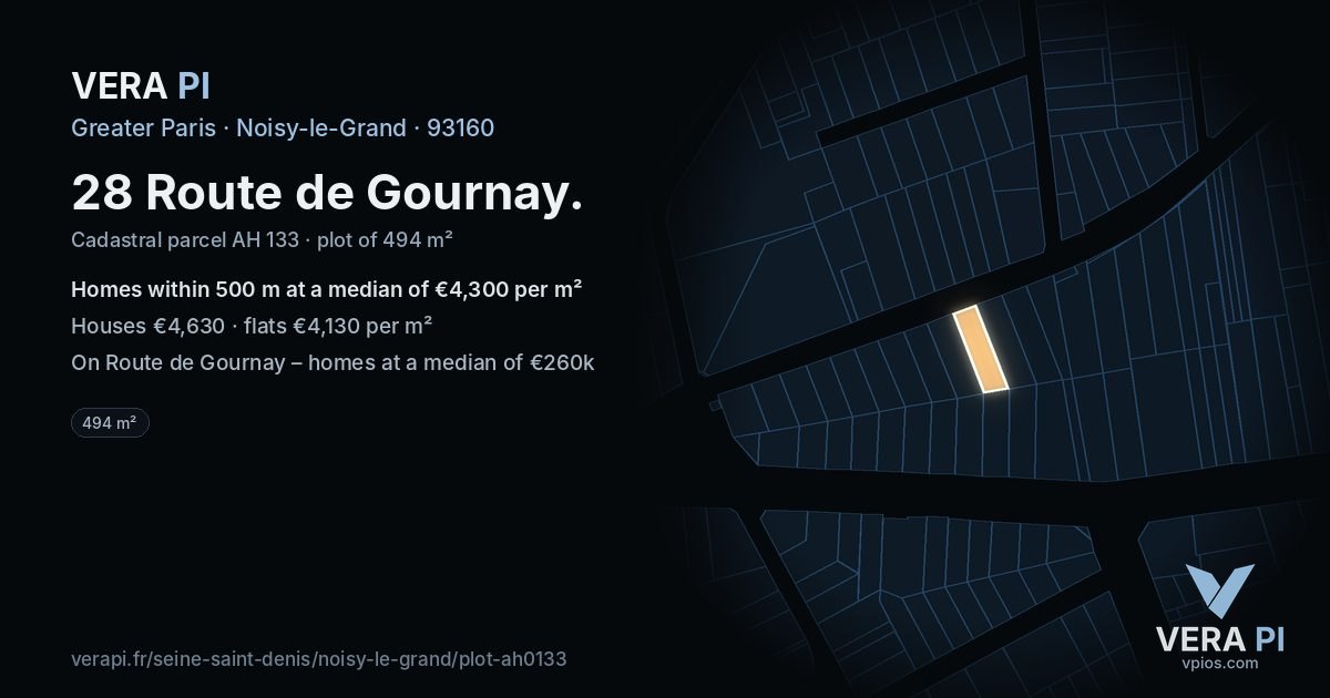 28 Route de Gournay, Noisy-le-Grand at night – the plot lit, the parcels around coloured by the prices near them
