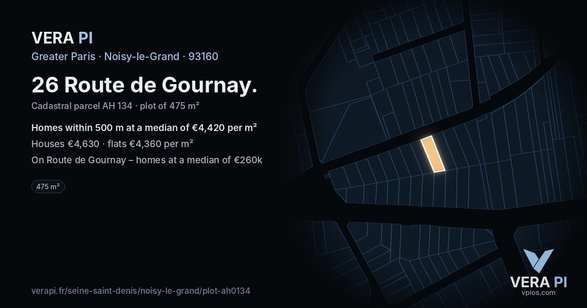 26 Route de Gournay, Noisy-le-Grand at night – the plot lit, the parcels around coloured by the prices near them