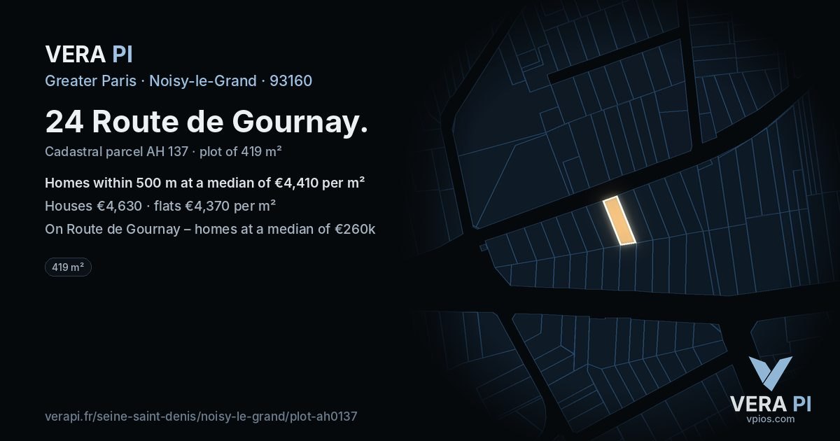 24 Route de Gournay, Noisy-le-Grand at night – the plot lit, the parcels around coloured by the prices near them