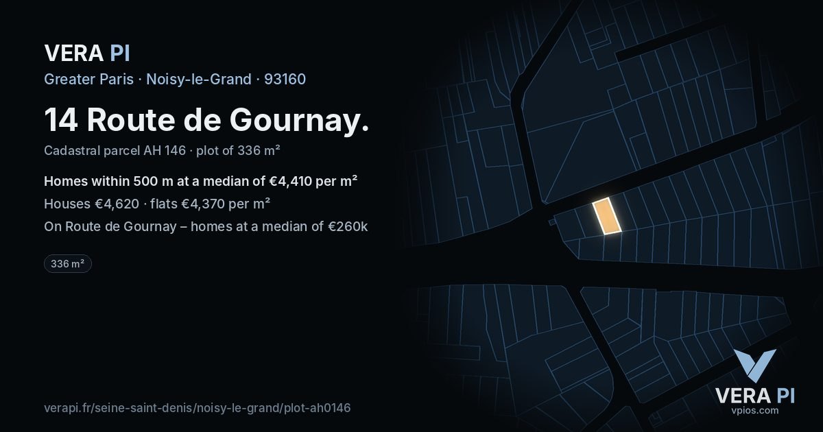 14 Route de Gournay, Noisy-le-Grand at night – the plot lit, the parcels around coloured by the prices near them