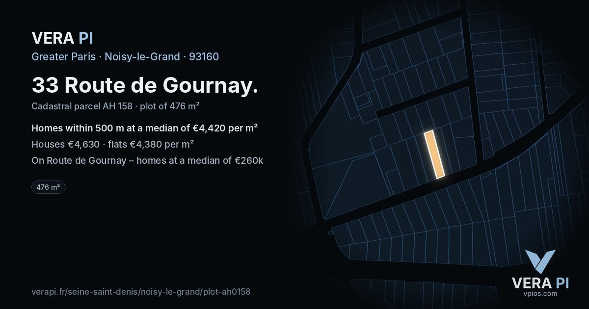 33 Route de Gournay, Noisy-le-Grand at night – the plot lit, the parcels around coloured by the prices near them