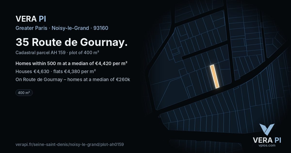 35 Route de Gournay, Noisy-le-Grand at night – the plot lit, the parcels around coloured by the prices near them