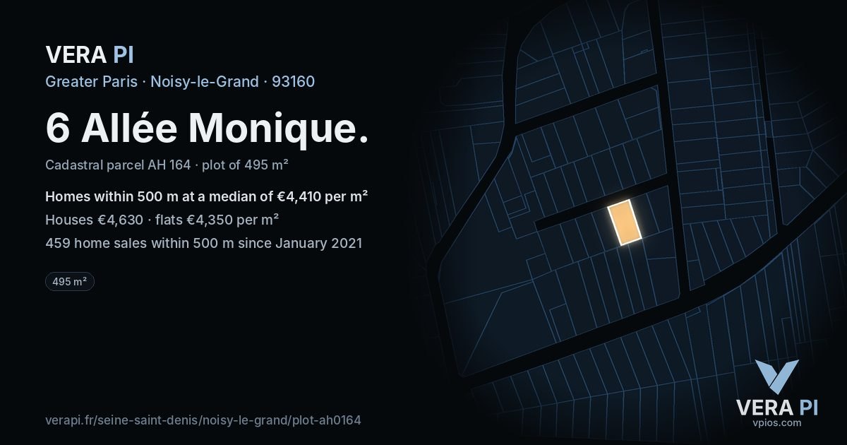 6 Allée Monique, Noisy-le-Grand at night – the plot lit, the parcels around coloured by the prices near them