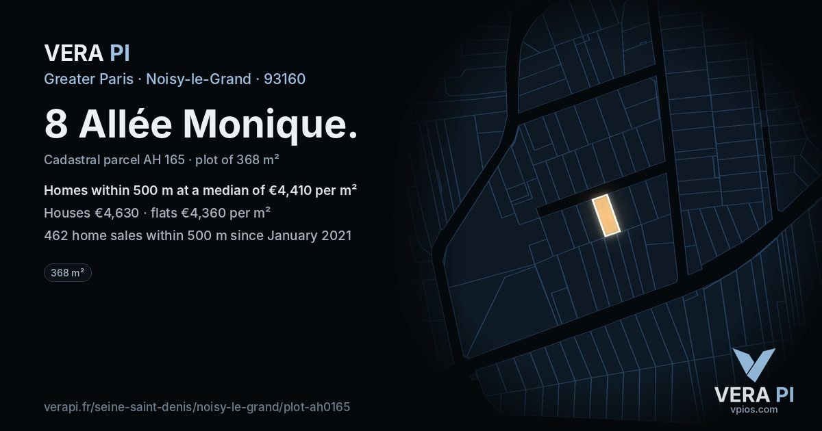 8 Allée Monique, Noisy-le-Grand at night – the plot lit, the parcels around coloured by the prices near them