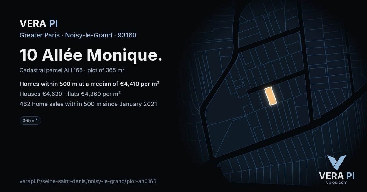 10 Allée Monique, Noisy-le-Grand at night – the plot lit, the parcels around coloured by the prices near them