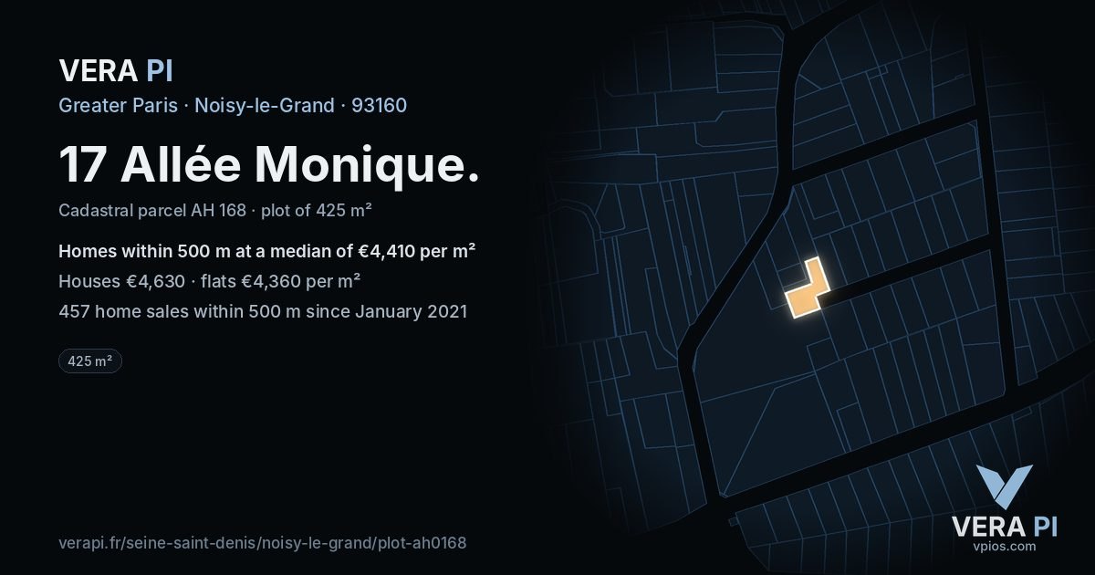 17 Allée Monique, Noisy-le-Grand at night – the plot lit, the parcels around coloured by the prices near them
