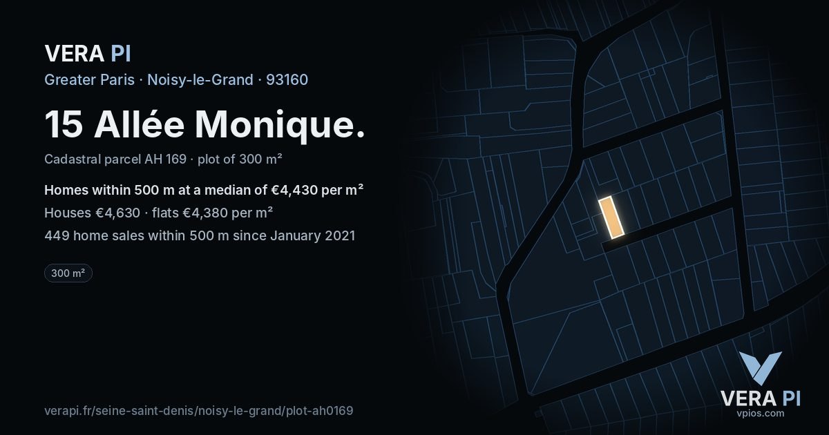15 Allée Monique, Noisy-le-Grand at night – the plot lit, the parcels around coloured by the prices near them