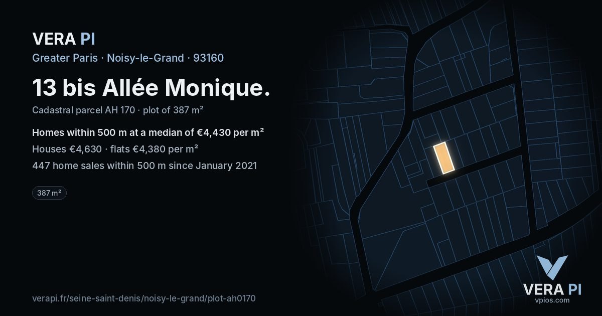13 bis Allée Monique, Noisy-le-Grand at night – the plot lit, the parcels around coloured by the prices near them