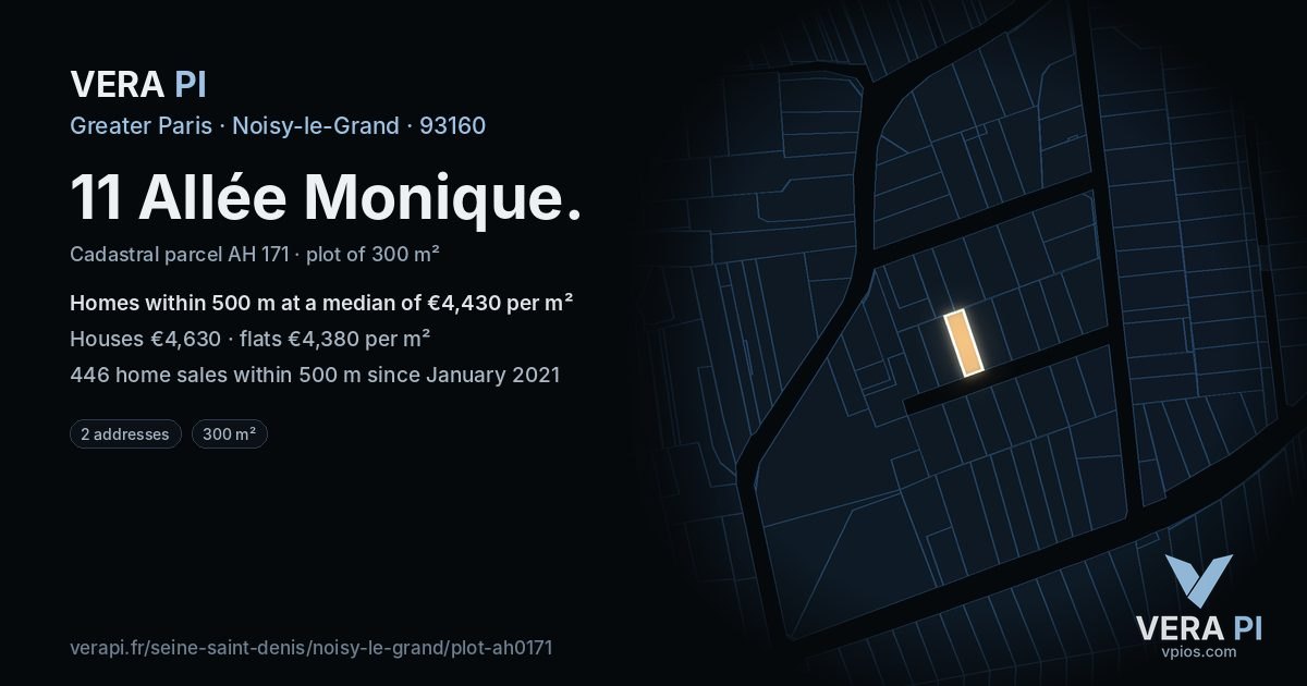 11 Allée Monique, Noisy-le-Grand at night – the plot lit, the parcels around coloured by the prices near them