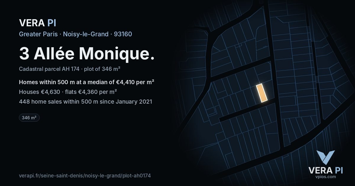 3 Allée Monique, Noisy-le-Grand at night – the plot lit, the parcels around coloured by the prices near them