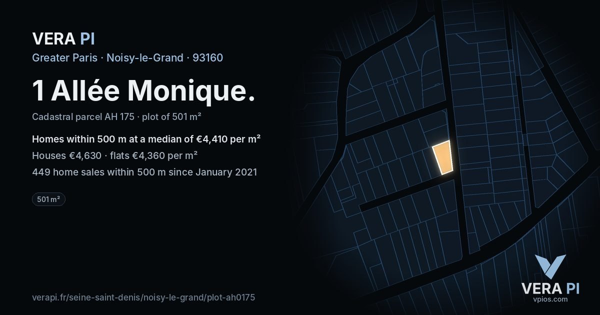 1 Allée Monique, Noisy-le-Grand at night – the plot lit, the parcels around coloured by the prices near them
