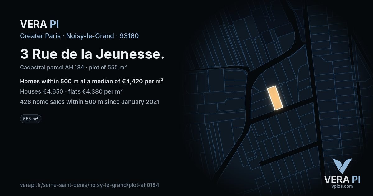 3 Rue de la Jeunesse, Noisy-le-Grand at night – the plot lit, the parcels around coloured by the prices near them