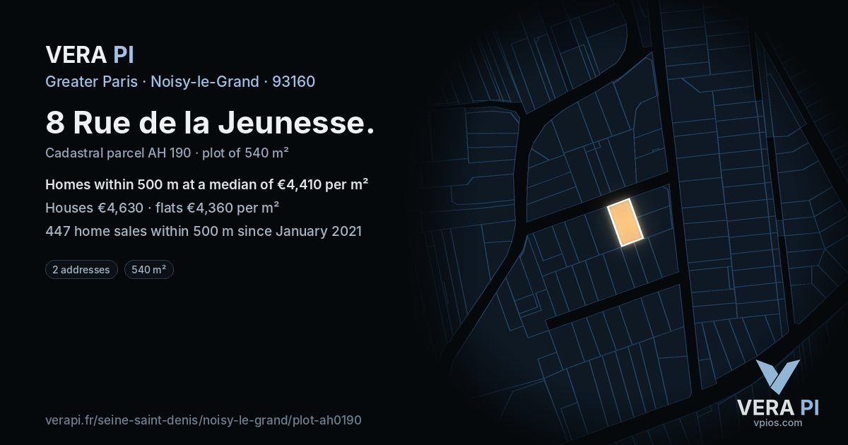 8 Rue de la Jeunesse, Noisy-le-Grand at night – the plot lit, the parcels around coloured by the prices near them