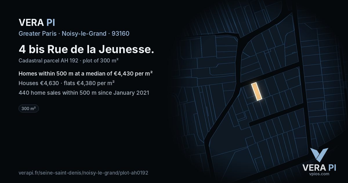 4 bis Rue de la Jeunesse, Noisy-le-Grand at night – the plot lit, the parcels around coloured by the prices near them