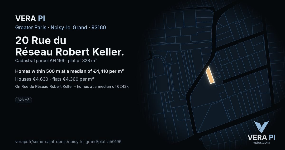 20 Rue du Réseau Robert Keller, Noisy-le-Grand at night – the plot lit, the parcels around coloured by the prices near them