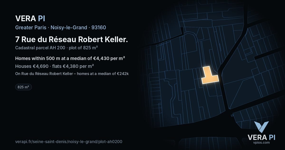 7 Rue du Réseau Robert Keller, Noisy-le-Grand at night – the plot lit, the parcels around coloured by the prices near them