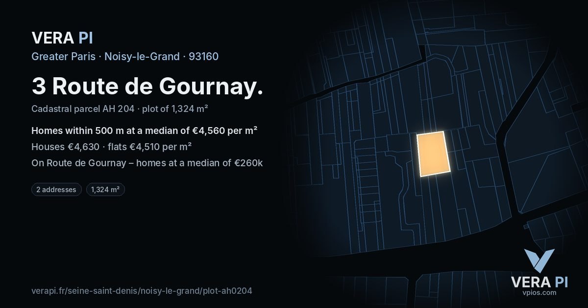 3 Route de Gournay, Noisy-le-Grand at night – the plot lit, the parcels around coloured by the prices near them
