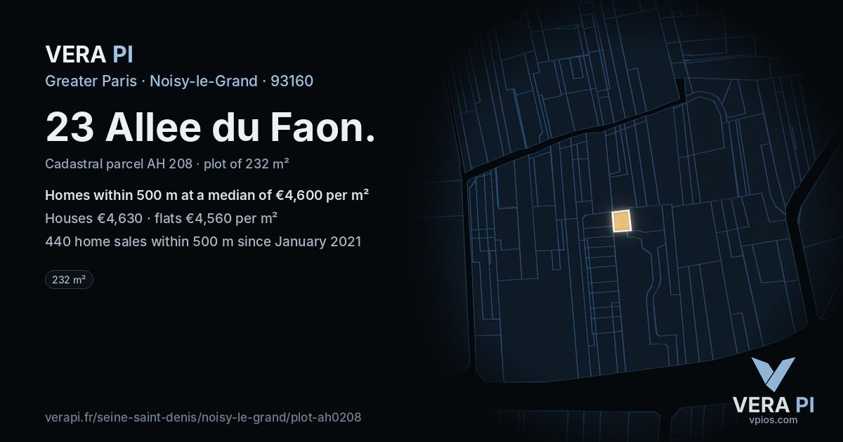 23 Allee du Faon, Noisy-le-Grand at night – the plot lit, the parcels around coloured by the prices near them