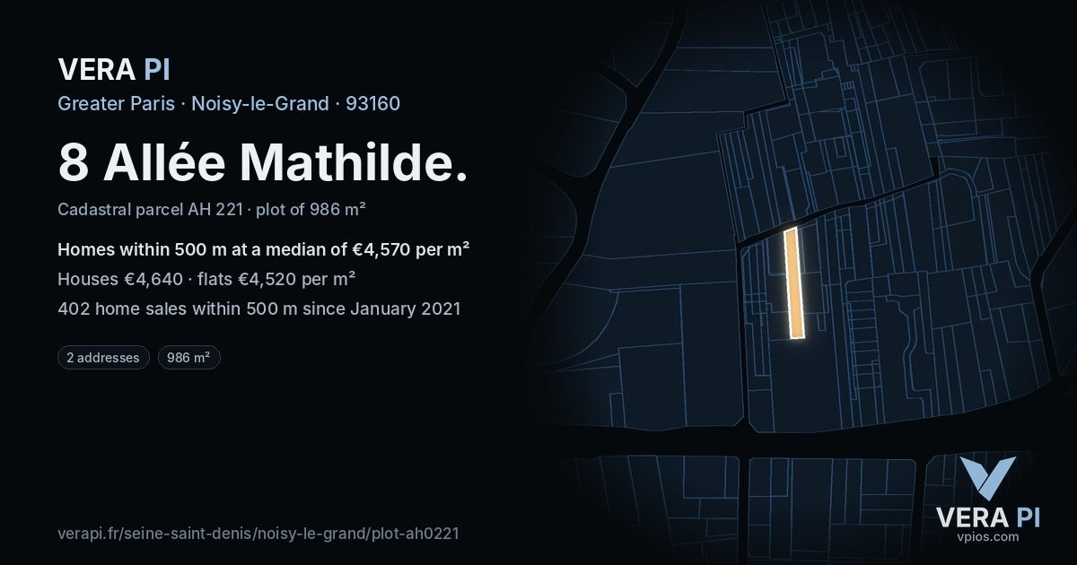 8 Allée Mathilde, Noisy-le-Grand at night – the plot lit, the parcels around coloured by the prices near them