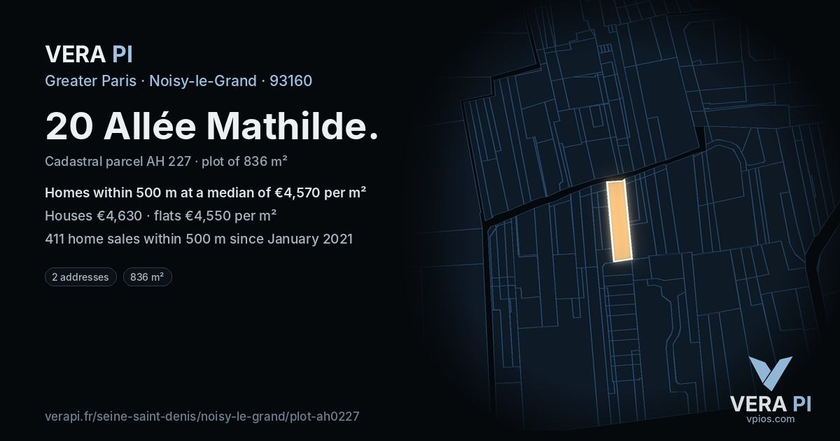 20 Allée Mathilde, Noisy-le-Grand at night – the plot lit, the parcels around coloured by the prices near them