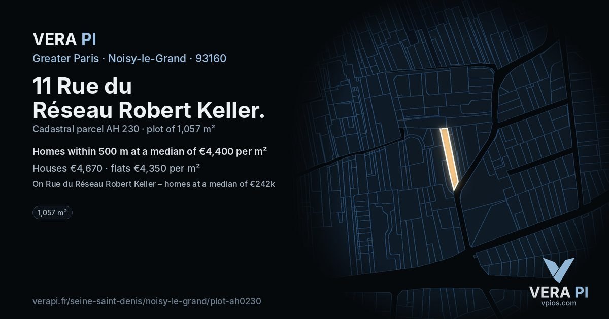 11 Rue du Réseau Robert Keller, Noisy-le-Grand at night – the plot lit, the parcels around coloured by the prices near them