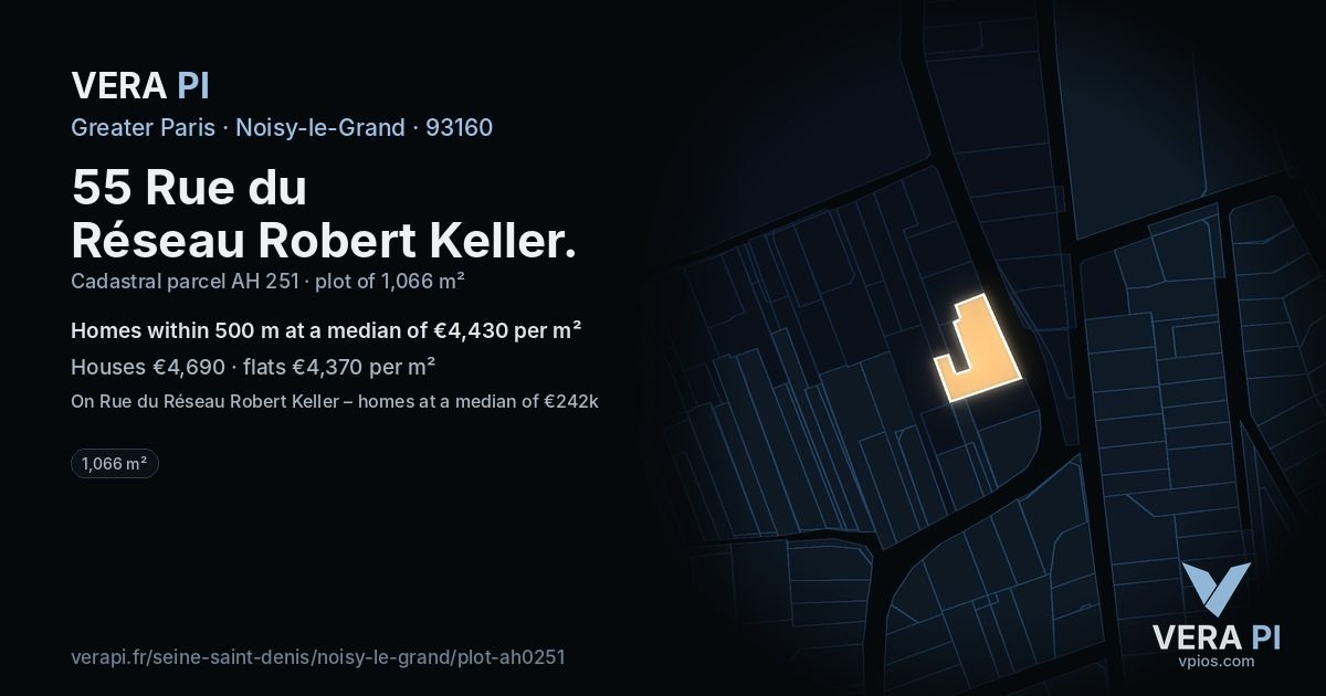 55 Rue du Réseau Robert Keller, Noisy-le-Grand at night – the plot lit, the parcels around coloured by the prices near them