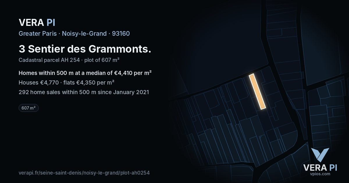 3 Sentier des Grammonts, Noisy-le-Grand at night – the plot lit, the parcels around coloured by the prices near them