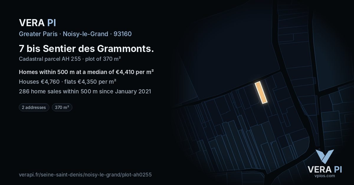7 bis Sentier des Grammonts, Noisy-le-Grand at night – the plot lit, the parcels around coloured by the prices near them