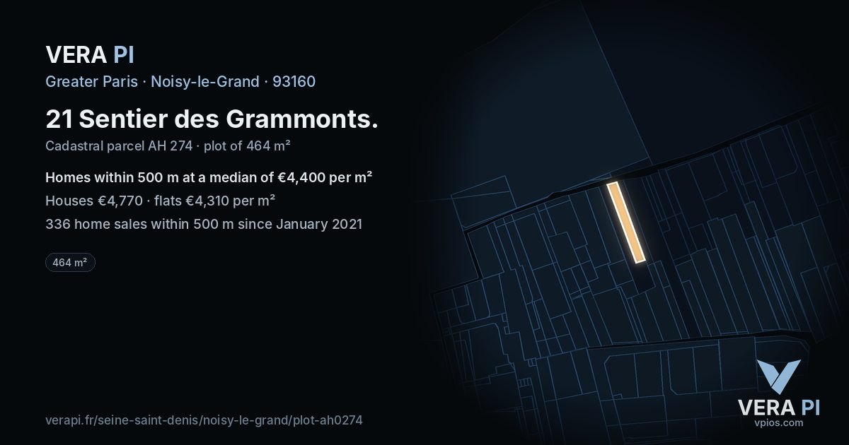 21 Sentier des Grammonts, Noisy-le-Grand at night – the plot lit, the parcels around coloured by the prices near them