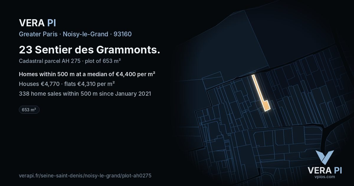 23 Sentier des Grammonts, Noisy-le-Grand at night – the plot lit, the parcels around coloured by the prices near them