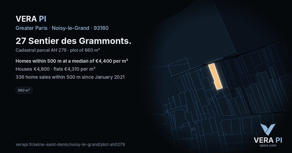 27 Sentier des Grammonts, Noisy-le-Grand at night – the plot lit, the parcels around coloured by the prices near them