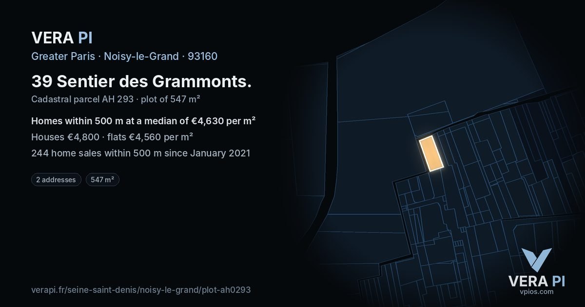 39 Sentier des Grammonts, Noisy-le-Grand at night – the plot lit, the parcels around coloured by the prices near them