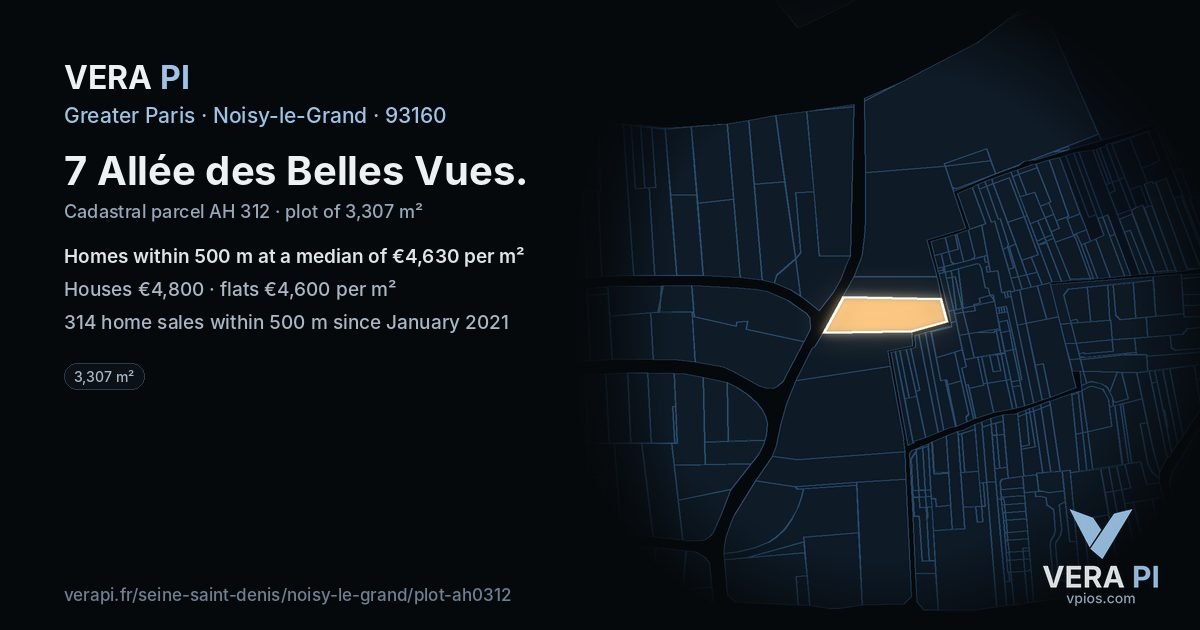 7 Allée des Belles Vues, Noisy-le-Grand at night – the plot lit, the parcels around coloured by the prices near them
