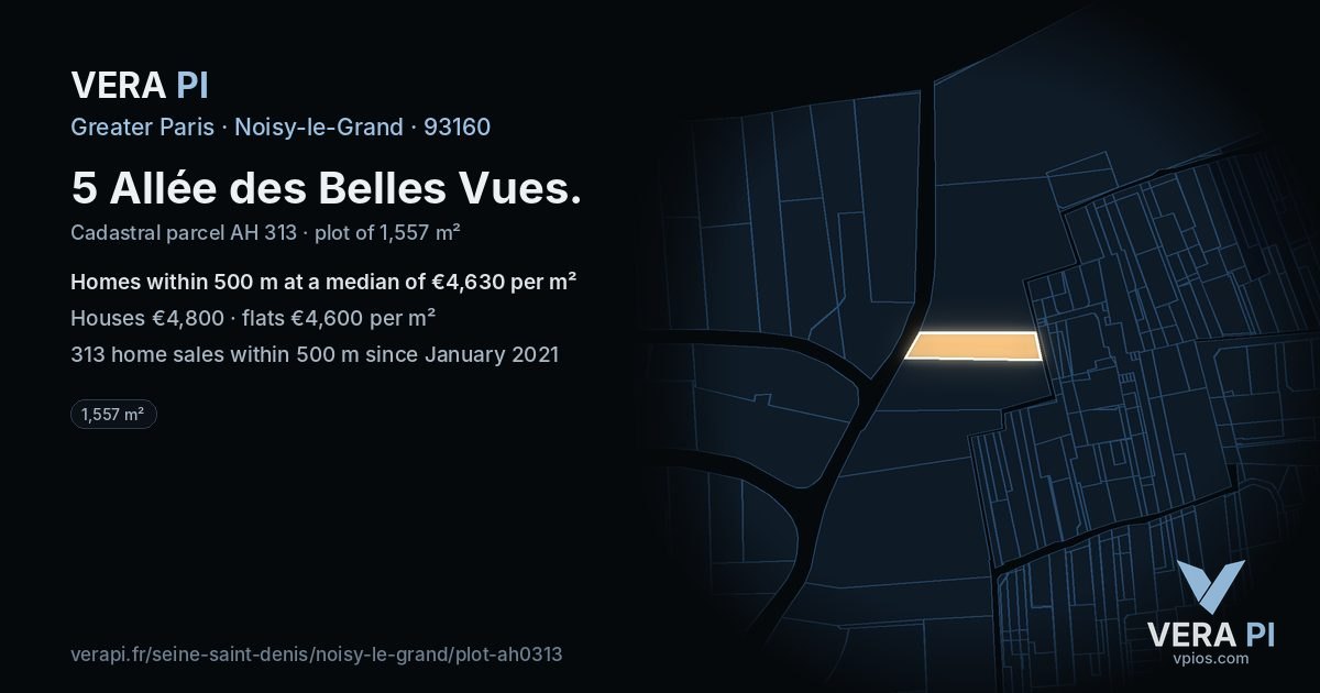 5 Allée des Belles Vues, Noisy-le-Grand at night – the plot lit, the parcels around coloured by the prices near them