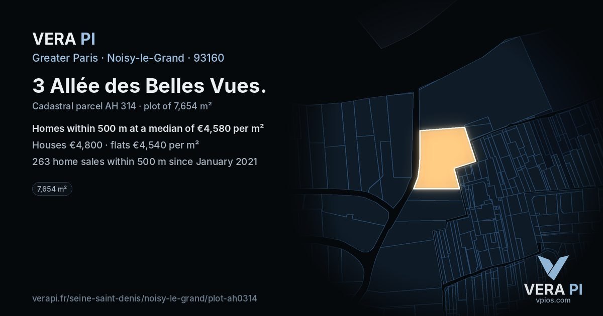 3 Allée des Belles Vues, Noisy-le-Grand at night – the plot lit, the parcels around coloured by the prices near them
