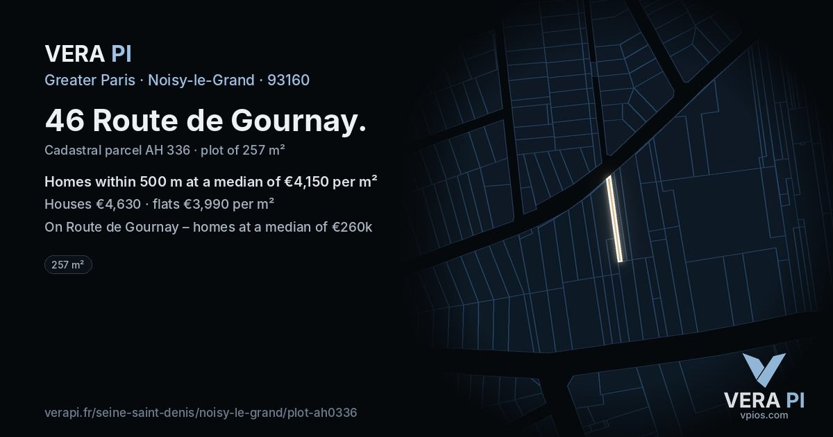 46 Route de Gournay, Noisy-le-Grand at night – the plot lit, the parcels around coloured by the prices near them