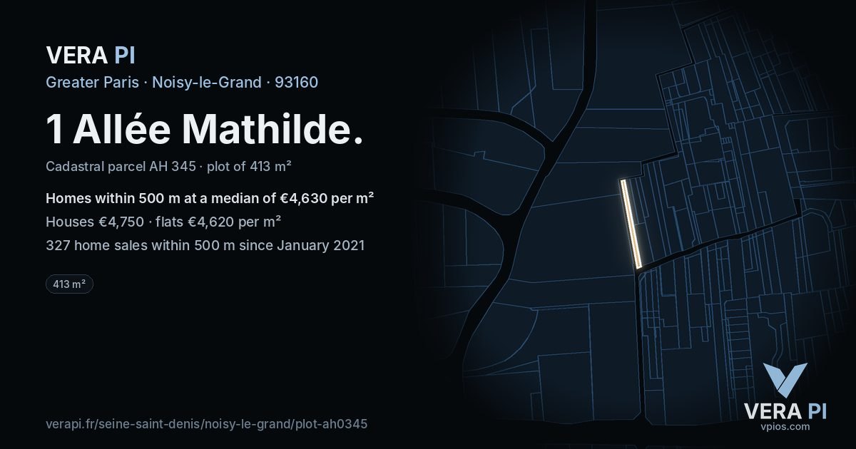 1 Allée Mathilde, Noisy-le-Grand at night – the plot lit, the parcels around coloured by the prices near them