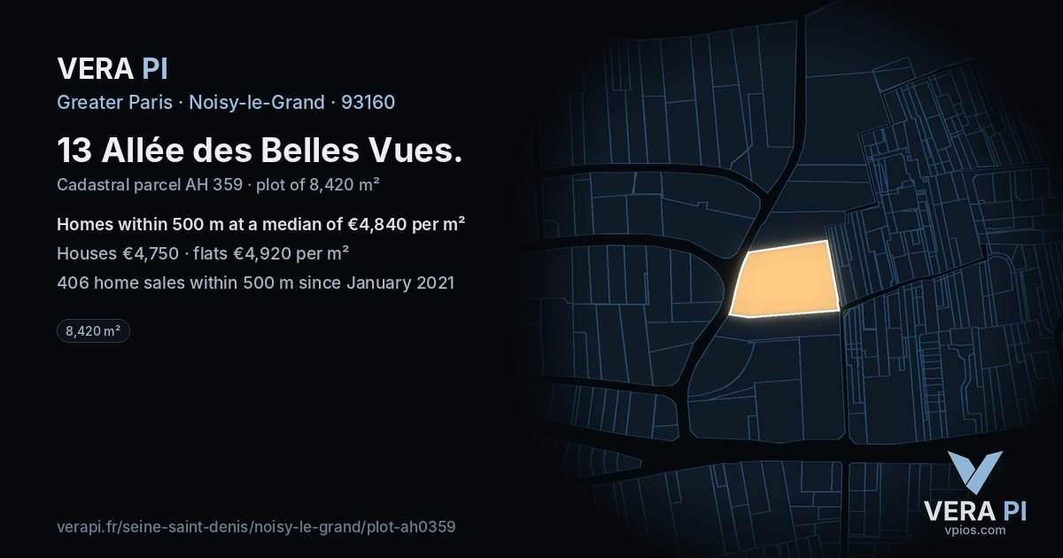13 Allée des Belles Vues, Noisy-le-Grand at night – the plot lit, the parcels around coloured by the prices near them