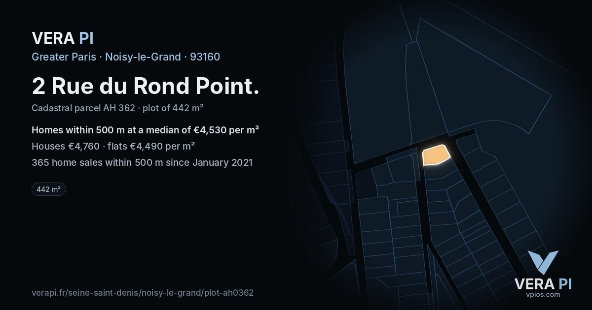 2 Rue du Rond Point, Noisy-le-Grand at night – the plot lit, the parcels around coloured by the prices near them