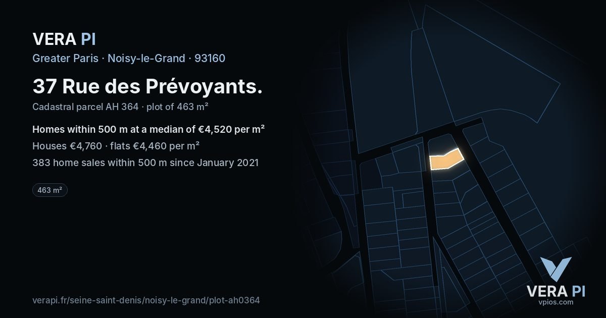 37 Rue des Prévoyants, Noisy-le-Grand at night – the plot lit, the parcels around coloured by the prices near them