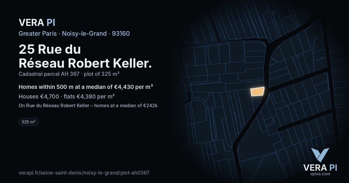25 Rue du Réseau Robert Keller, Noisy-le-Grand at night – the plot lit, the parcels around coloured by the prices near them