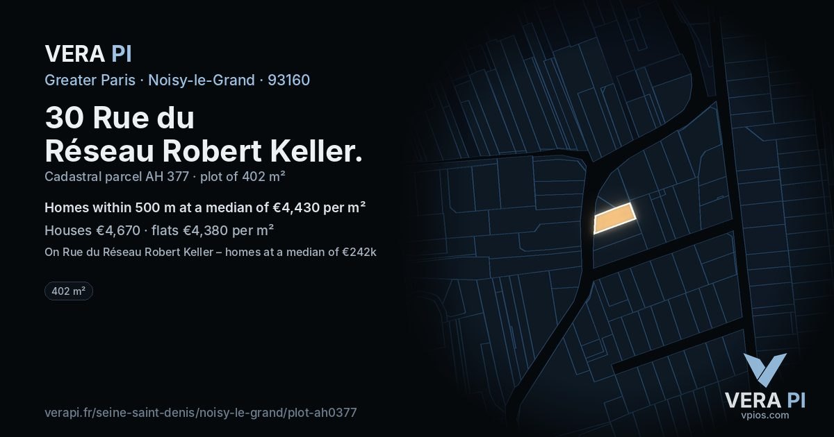 30 Rue du Réseau Robert Keller, Noisy-le-Grand at night – the plot lit, the parcels around coloured by the prices near them