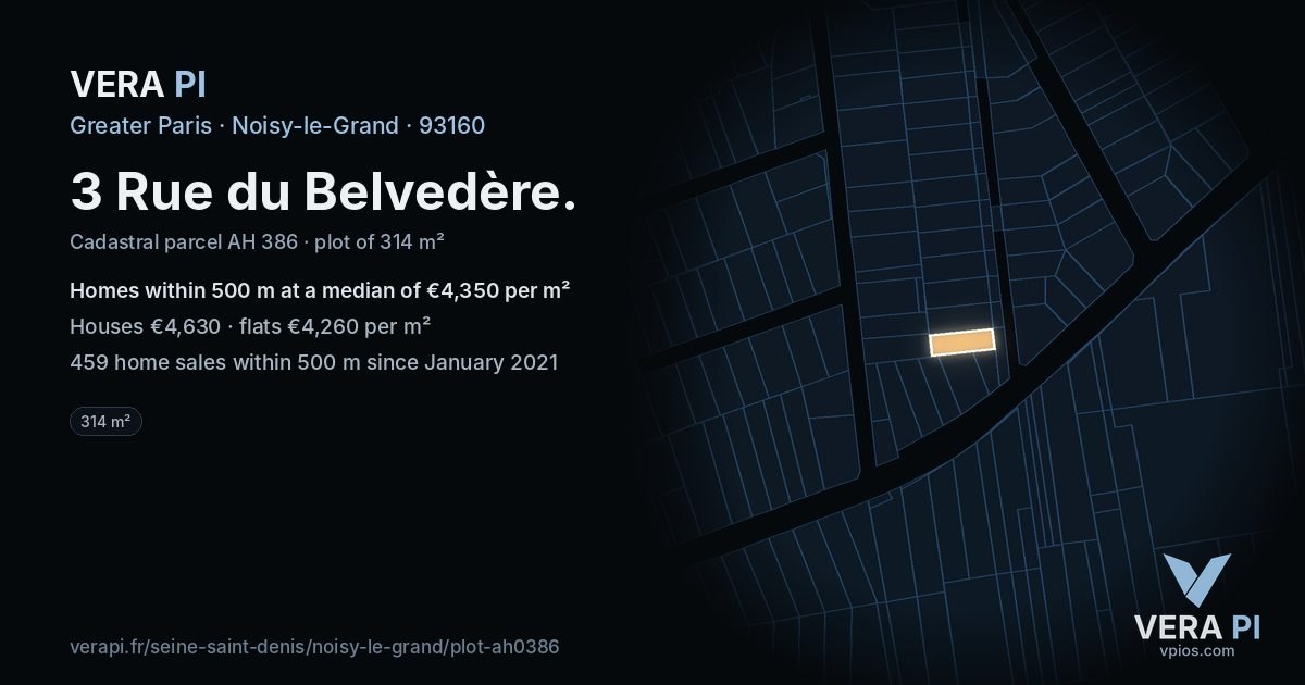 3 Rue du Belvedère, Noisy-le-Grand at night – the plot lit, the parcels around coloured by the prices near them
