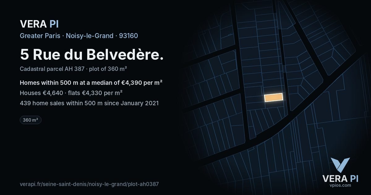 5 Rue du Belvedère, Noisy-le-Grand at night – the plot lit, the parcels around coloured by the prices near them