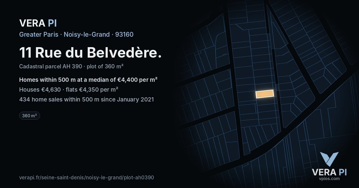 11 Rue du Belvedère, Noisy-le-Grand at night – the plot lit, the parcels around coloured by the prices near them